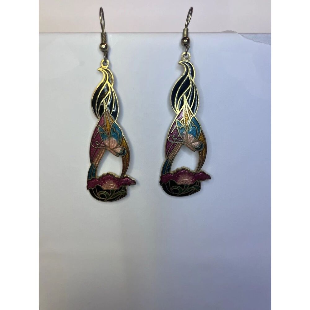 Cloisonné Style Butterfly Flower Earrings Art Nouveau Enamel Dangle Vintage